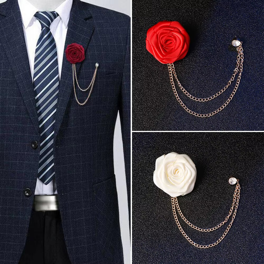 Korean Groom Handcrafted Brooches Wedding Cloth Art Rose Flower Brooch Lapel Brooches Badge Chain Tassel Suit Men'S Accessories