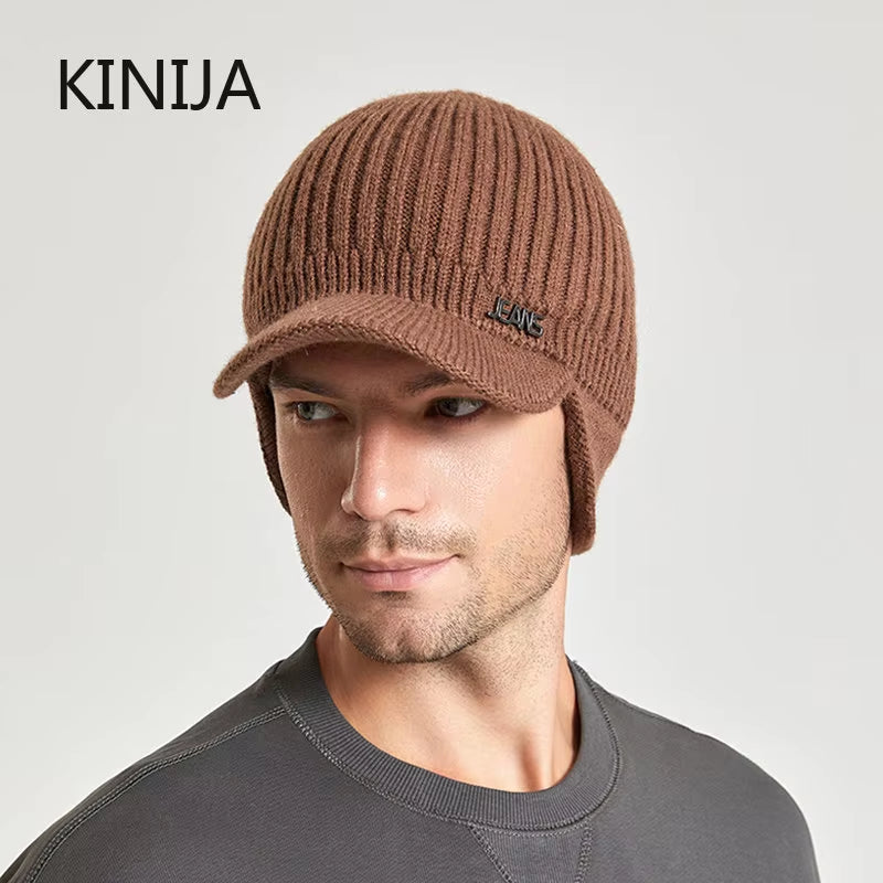 Men Winter Knitted Hat Outdoor Cycling Ear Protection Warmth Peaked Cap Casual Fashion Sunhat Bomber Skullies Beanies 55-60CM